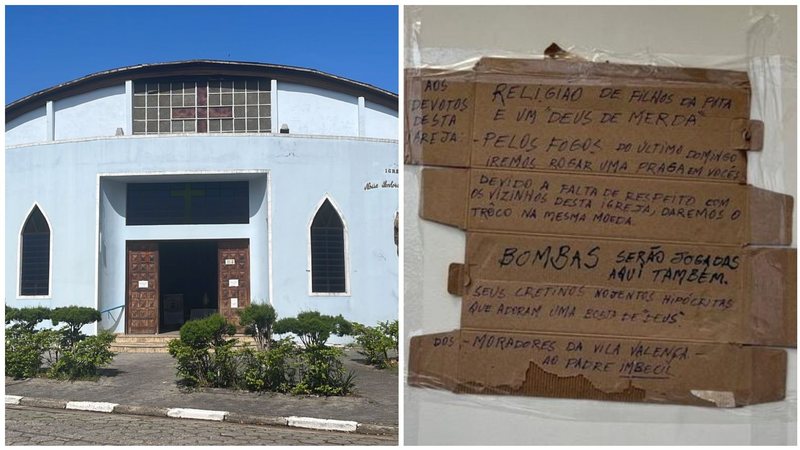 Igreja em São Vicente amanheceu com cartaz ameaçador - Imagens: Igreja Nossa Senhora das Graças / João Lima