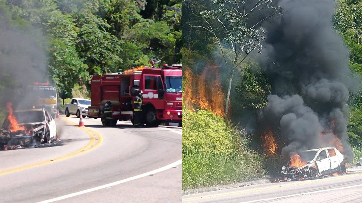 Carro pega fogo e fica totalmente destruído na rodovia Rio Santos