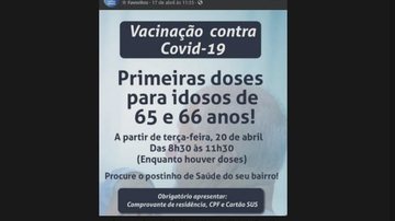 Informe nas redes sociais da prefeitura, com o início da vacinação da faixa etária do aposentado Jorge Luiz Post - Idoso de 66 anos é impedido de se vacinar em cidade do Litoral de SP: “Passou a sua vez” - Imagem: Reprodução / Redes Sociais