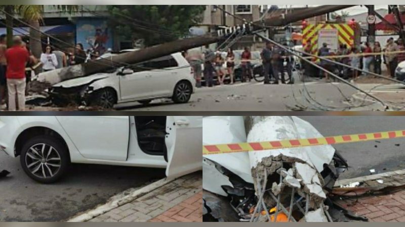 Carro arranca poste do chão após colisão em Praia Grande