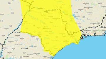 Alerta foi emitido na manhã desta terça-feira (22) e vale até a manhã da quarta-feira (23) Alerta amarelo: Inmet adverte para chuvas intensas em boa parte de SP Mapa do estado de São Paulo com indicação em amarelo para áreas com risco de chuvas intensas - Reprodução/Inmet