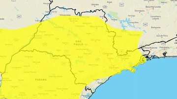Alerta amarelo do Inmet é válido até a manhã desta terça-feira (14) Semana começa com alerta amarelo do Inmet para chuvas intensas Mapa do estado de SP com indicação em amarelo de áreas com risco de chuvas intensas - Reprodução/Inmet