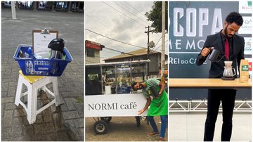Da esquerda para a direita: garrafa com que jovem começou, Ruan em sua cafeteria móvel em Guarujá e durante evento de baristas - Imagens: Acervo / Ruan Lizardo