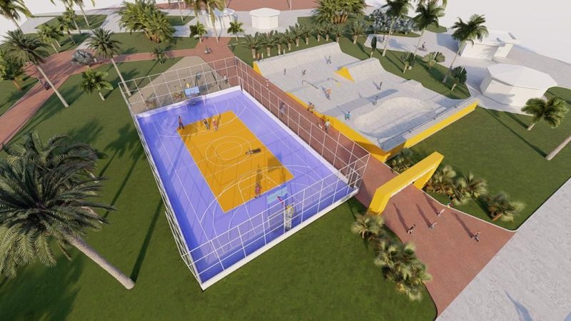 Área possui skate street park com corrimão e rampas, pista de skate bowl, quadra de basquete e playground - Prefeitura de São Vicente