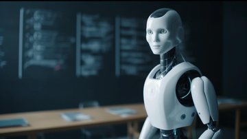 Robô sentado em sala tecnológica - Freepik