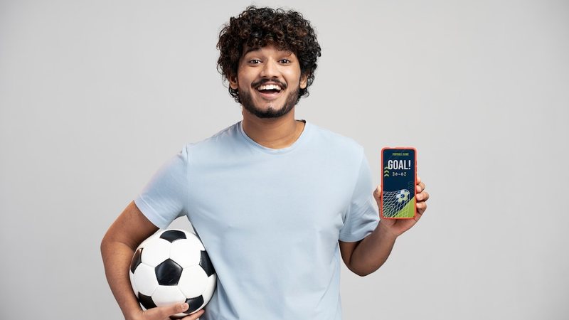Pessoa mostrando tela de celular segurando bola de futebol - Freepik