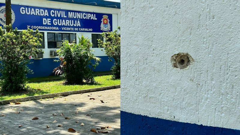 Criminosos atacaram a base da GCM durante a madrugada de hoje (16) - Imagens: Plantão Guarujá