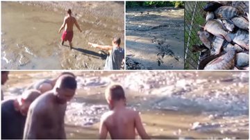 Moradores recolhem peixes e caminham  pelo lamaçal em que se transformu o lago - Imagens: Reprodução