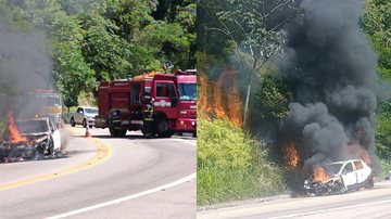 Veículo estava no acostamento e as chamas atingiram parte da vegetação - Divulgação Corpo de Bomeiros
