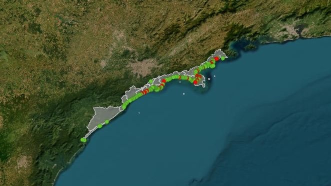 Detalhe do mapa interativo da qualidade das praias paulistas - Reprodução/Cetesb