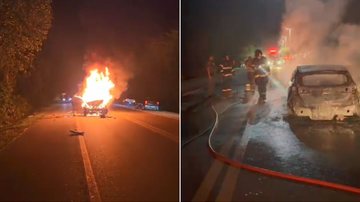 Carro foi completamente destruído pelas chamas - Reprodução/Aconteceu em Bertioga