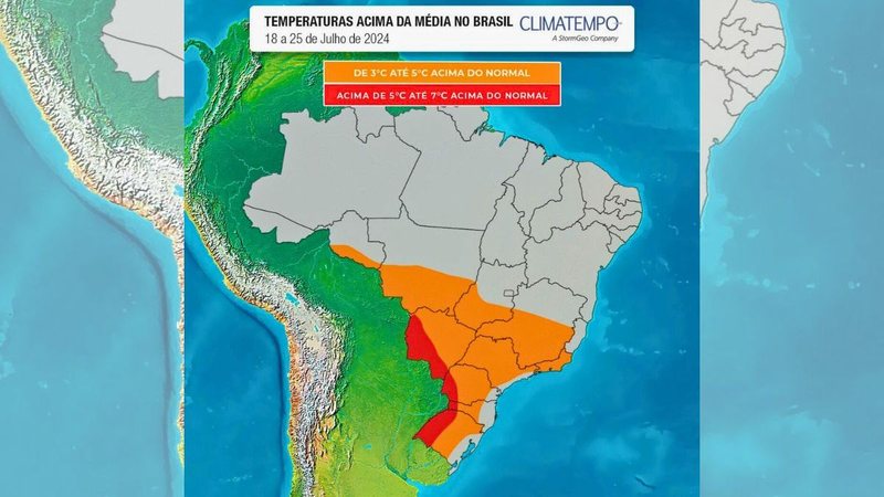 Mapa divulgado pelo Climatempo mostra litoral de SP livre das temperaturas acima da média - Reprodução/Climatempo
