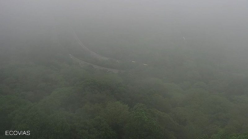 Forte camada de neblina em trecho da rodovia Anchieta durante a manhã de hoje (3) - Imagem: Reprodução / Ecovias