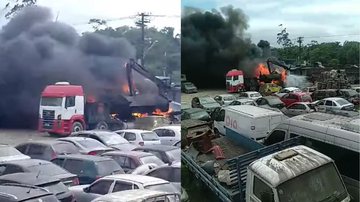 Chamas não atingiram veículos apreendidos que estão no local - Divulgação/Tudo Sobre o Guarujá e Divulgação/Guarujá-Urgente