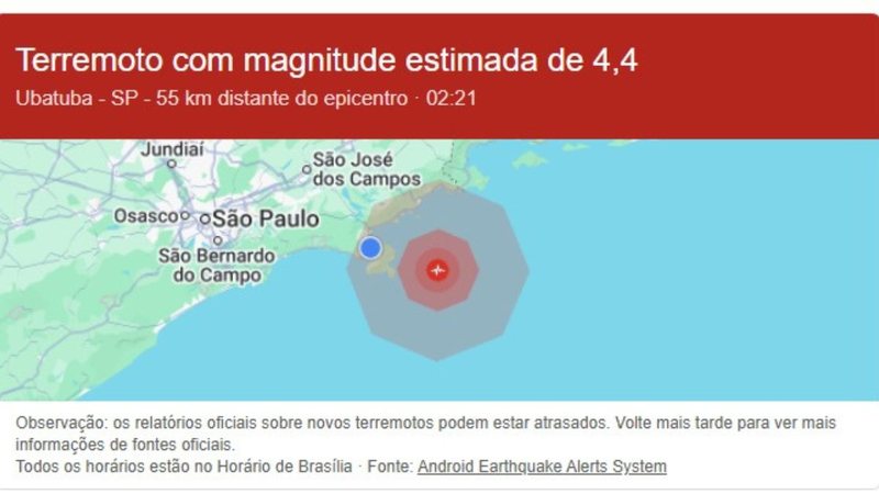 Epicentro seria no mar, a 75km de Ubatuba, no litoral norte - Reprodução/Google