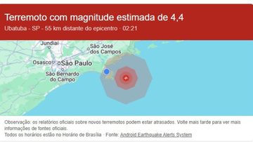 Epicentro seria no mar, a 75km de Ubatuba, no litoral norte - Reprodução/Google