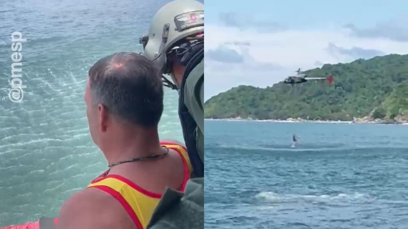 Guarda-vidas saltaram da aeronave e retiraram as vítimas da água por meio de um puçá - Reprodução/PMSP e Guarujá Mil Grau
