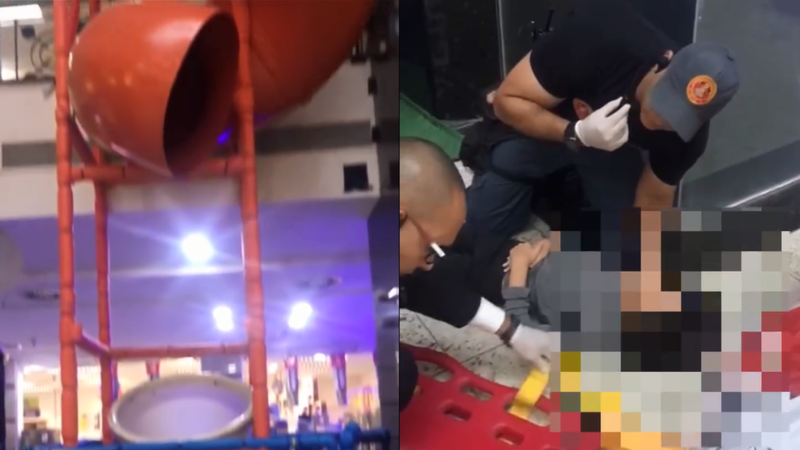 Imagens mostram o escorregador sem uma das partes e o atendimento à criança - Reprodução/Instagram/Marcelo Ricky