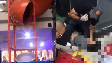 Imagens mostram o escorregador sem uma das partes e o atendimento à criança - Reprodução/Instagram/Marcelo Ricky