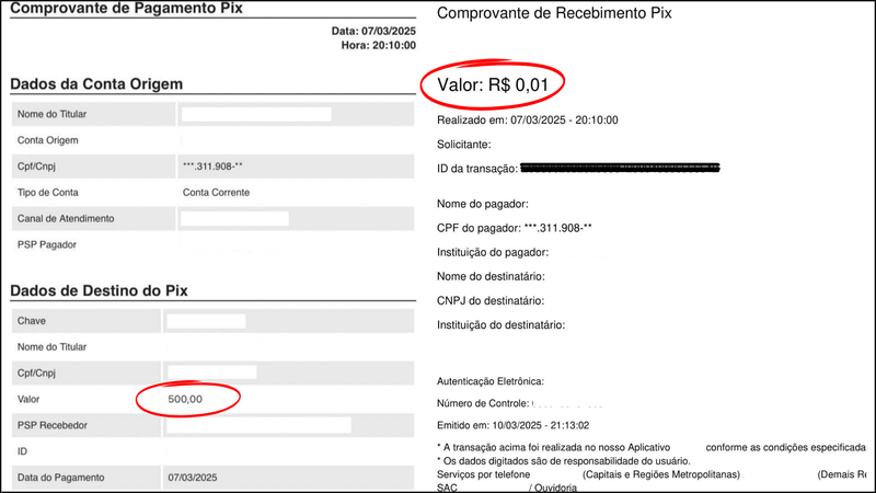 Comprovantes de transferência e extorno, padrão do golpe - Divulgação / ACIU