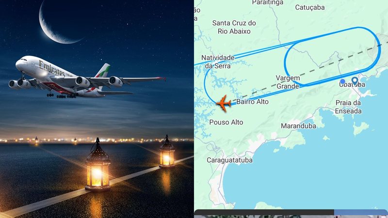 Aeronave gigante circulou sobre Ubatuba durante a madrugada e chamou atenção pela altitude baixa - Divulgação/Emirates e reprodução/Flight Radar