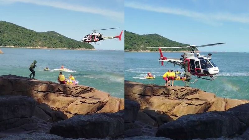 Turista cai de pedras no Guarujá enquanto pescava e é resgatado pelo helicóptero Águia da PM