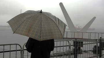Pessoa com guarda-chuva no Parque Valongo, em Santos