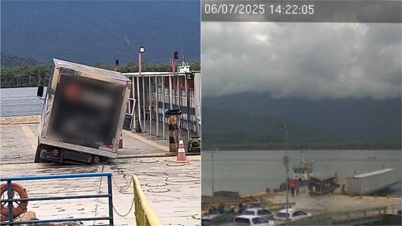 caminhão fica preso entre píer e balsa na travessia Guarujá-Bertioga, no litoral de SP