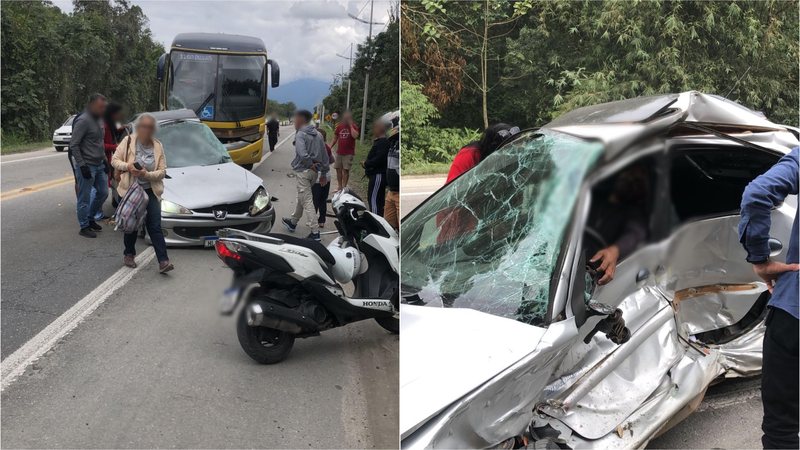 Carro faz retorno proibido, é atingido por ônibus e deixa feridos na Rio-Santos, em Bertioga