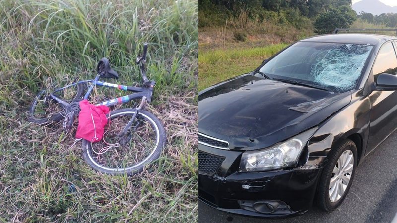 Bicileta da ciclista atingida e veículo que colidiu, com danos no parabrisa