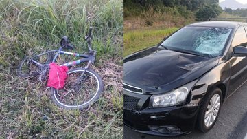 Bicileta da ciclista atingida e veículo que colidiu, com danos no parabrisa