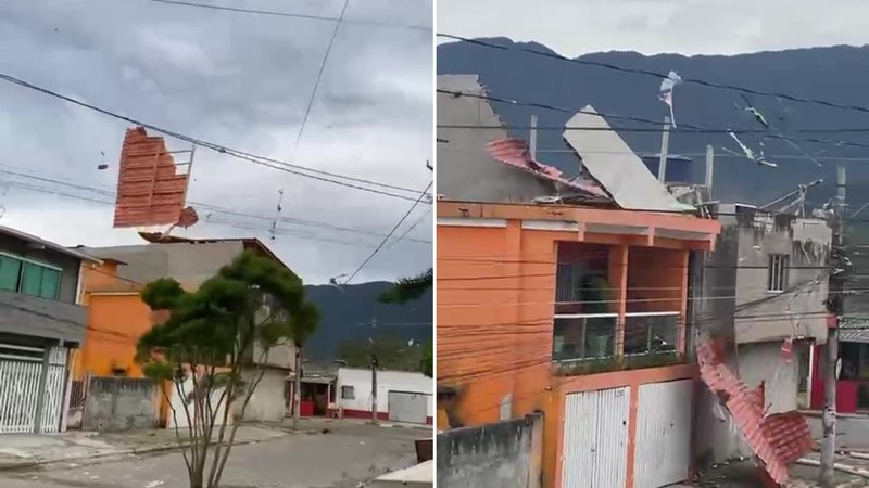 Telhado voa e cai em cima de outra casa devido aos fortes ventos, em Bertioga
