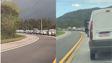 Rodovia Rio-Santos tem tráfego lento em Bertioga e na área continental de Santos