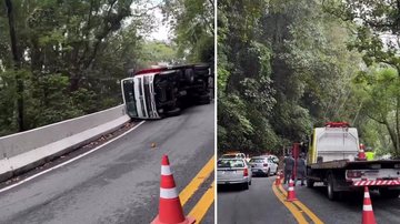 Caminhão tomba em rodovia de acesso ao litoral de SP e causa lentidão em trecho de serra