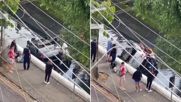 Acidente em cruzamento termina com carro dentro de canal, em Santos