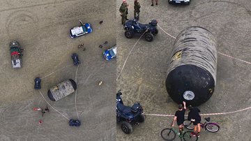 Defensa marítima gigante encalha em praia do litoral de SP e intriga banhistas