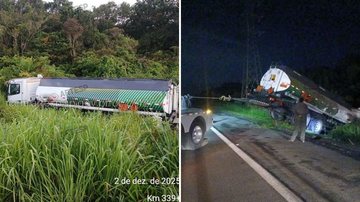 Motorista se assusta com besouro, caminhão sai da rodovia e cai em barranco de 18 metros no litoral de SP