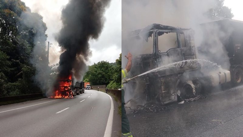 Carreta bitrem com 74 toneladas de açúcar pega fogo na rodovia Anchieta