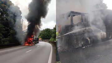Carreta bitrem com 74 toneladas de açúcar pega fogo na rodovia Anchieta