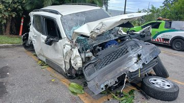 Carro cai de viaduto após colisão na rodovia Padre Manoel da Nóbrega em Mongaguá