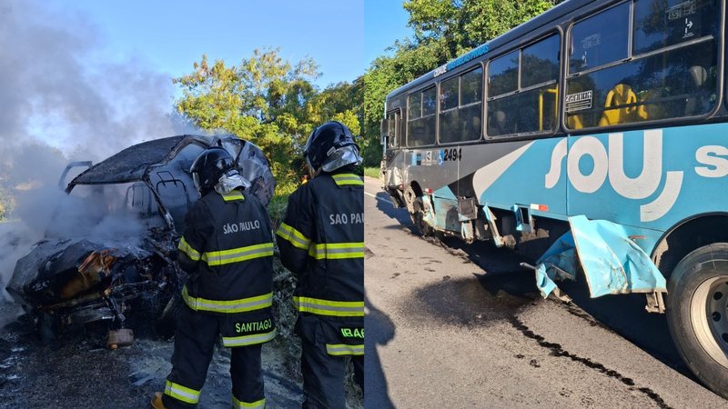 Carro colide com ônibus, pega fogo e deixa feridos na rodovia Rio-Santos