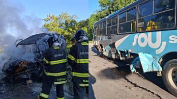 Carro colide com ônibus, pega fogo e deixa feridos na rodovia Rio-Santos