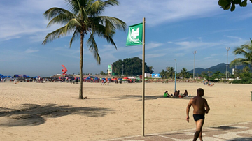 Pessoa correndo na praia e bandeira da Cetesb na orla