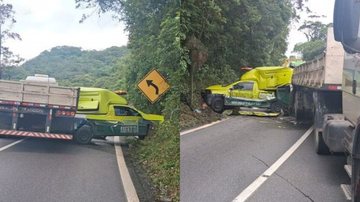 Carreta atinge viatura da Ecovias e bloqueia rodovia em Cubatão