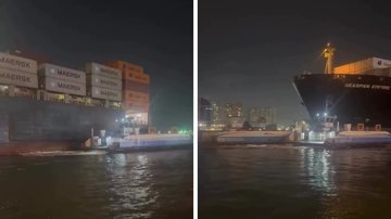Colisão entre navio cargueiro e balsas no Porto de Santos deixa duas embarcações fora de operação