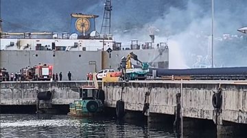 Incêndio atinge navio que transportava gado no porto de São Sebastião