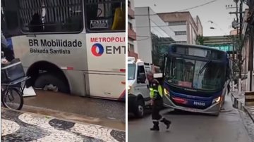 Ônibus da linha 931 preso em rua de São Vicente