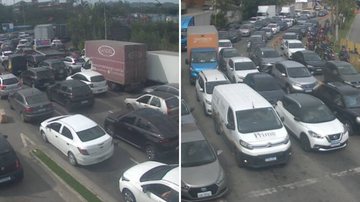 Filas em ambos os lados da travessia Santos-Guarujá