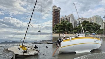 Barco à deriva encalha em praia após ventos fortes no litoral SP