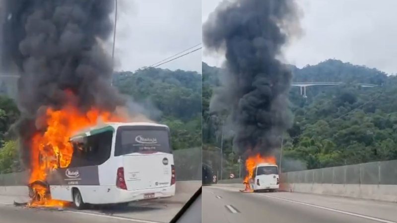 Incêndio atinge micro-ônibus na rodovia dos Tamoios, em Caraguatatuba